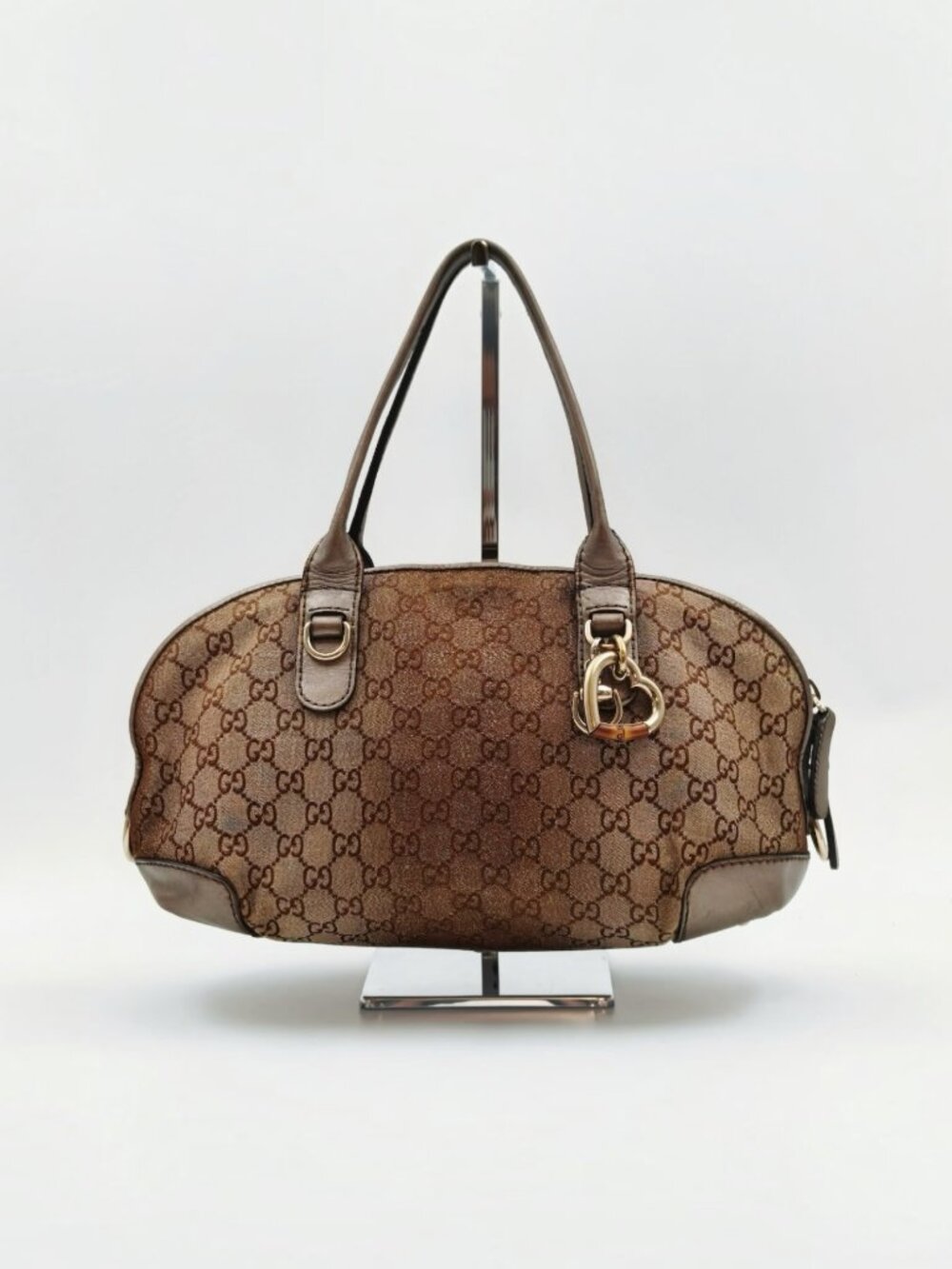 Gucci GG Monogram Canvas Boston Shoulder Bag Brown Leather Heart Charm